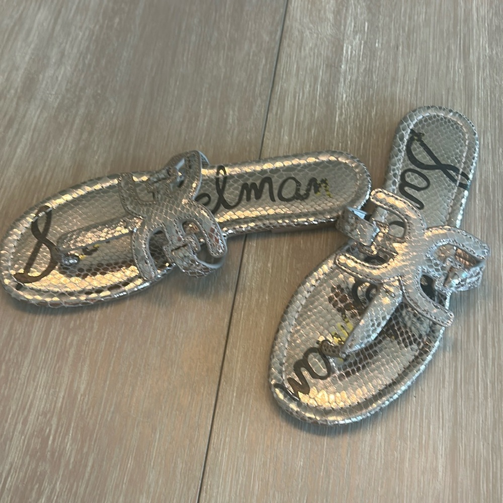 Sam Edelman Silver Metallic Snake-Embossed Slide Sandals